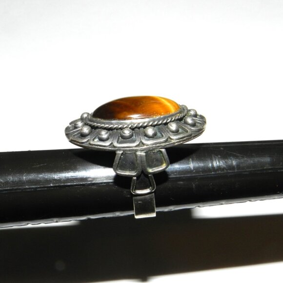 Vintage Taxco Mexico 925 Sterling Silver Tiger Eye Oval Ring Size 6.5 Rare!! - Picture 8 of 14